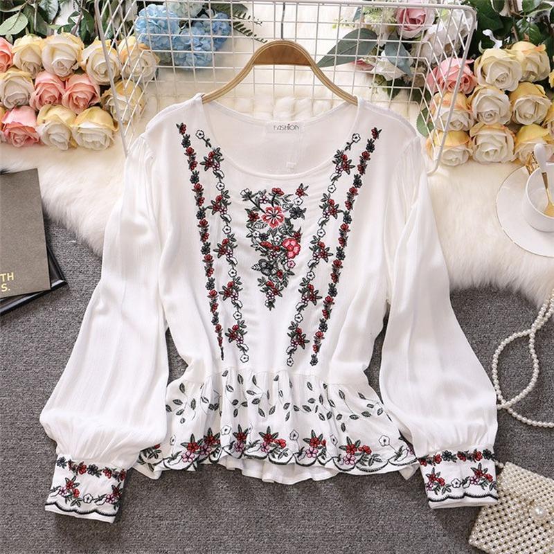RUGOD 2022 рубашка с круглым вырезом в национальном стиле, женская дизайнерская свободная хлопково-льняная рубашка с вышивкой в ​​стиле ретро, ​​тонкий топ с оборками
