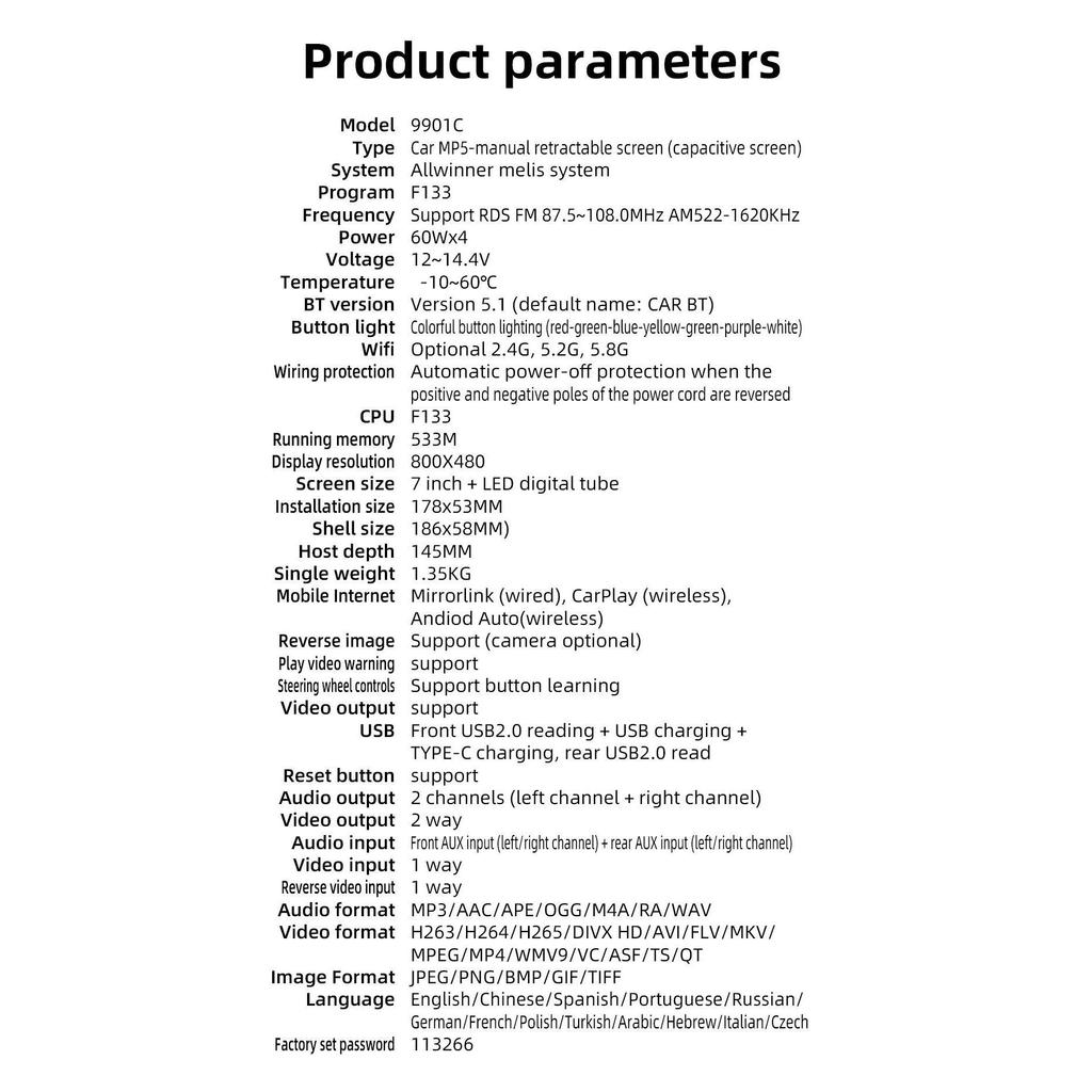 9901C 7-дюймовая беспроводная автомобильная стереосистема с Bluetooth 5.1, радио CarPlay и Android, автомобильное FM-радио, MP5-плеер