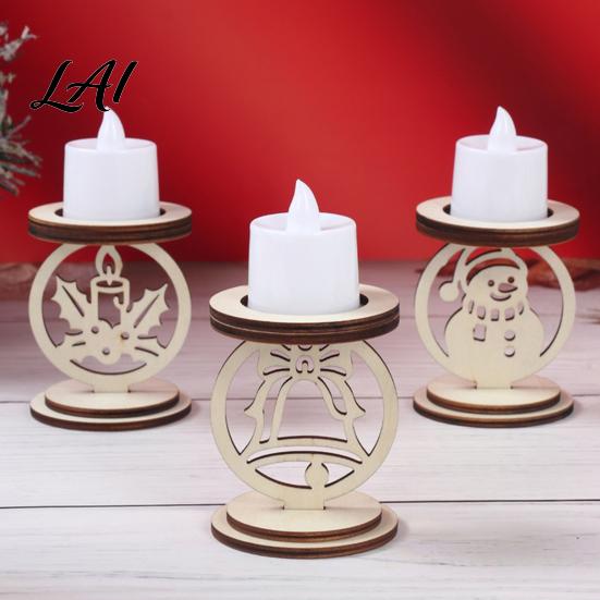 Decorative Wooden Candle Tray 3Pcs Christmas Holder Detachable Tealight Stand with Hollow Natural Wood Carving Crafts Carved Snowman/Bell/Candle