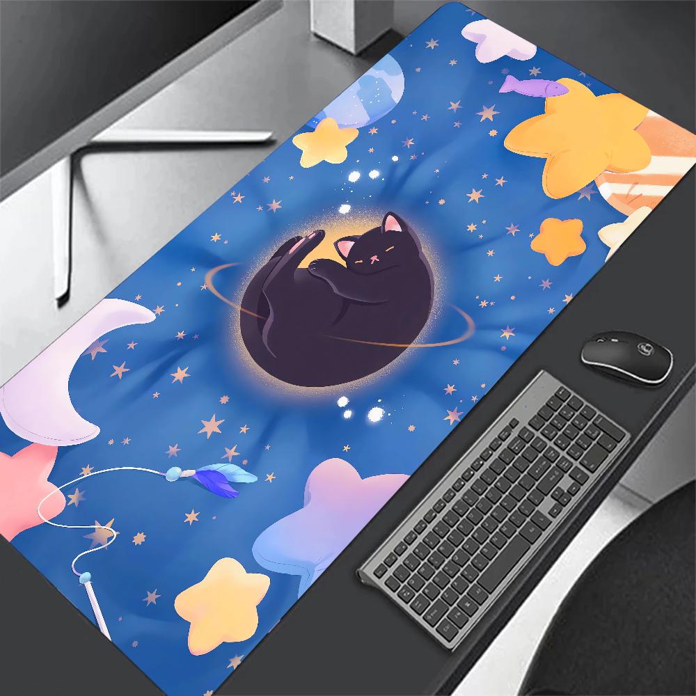 Cute Pink Cloud Black Cat Desk Mat NonSlip Soft Mouse Pad Waterproof Keyboard Mat for Home Girl Room Decor