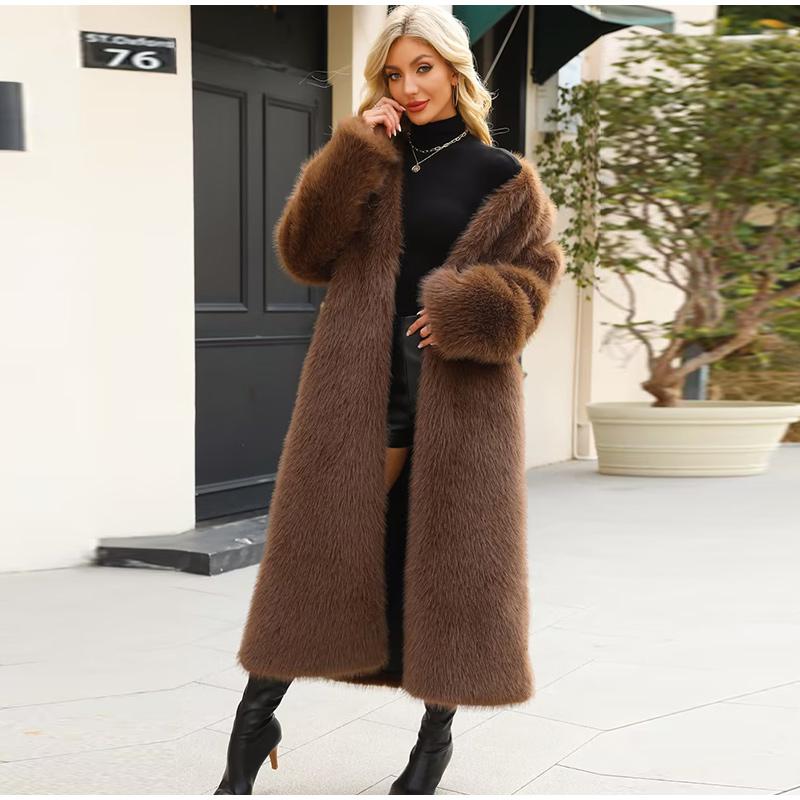Женские шубы из искусственного меха с длинным рукавом, с открытым швом, длинные куртки с V-образным вырезом, плотное пальто, элегантная женская верхняя одежда на осень и зиму