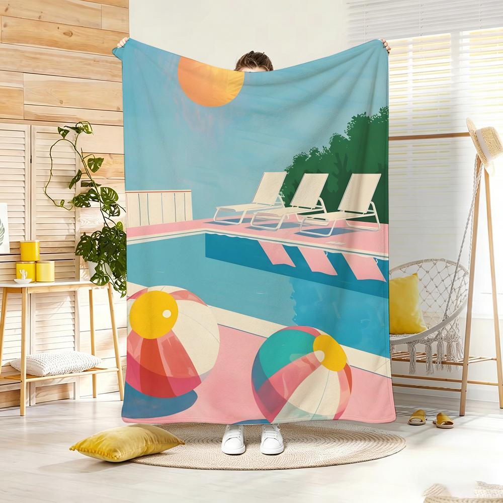 Summer Retro Beach Ball Throw Lightweight g Flannel Blanket Soft Skinfriendly for Summer Cooling