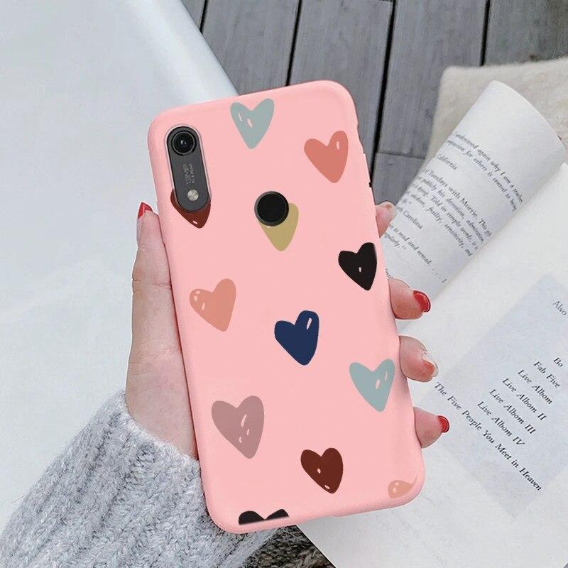 Милый мультяшный чехол для Huawei Y6 2019 с отверстием для пары, синий цветочный столик, мягкий чехол из ТПУ для Huawei Y6 2019, розовый узор, большое сердце, противоударная защитная задняя сумка