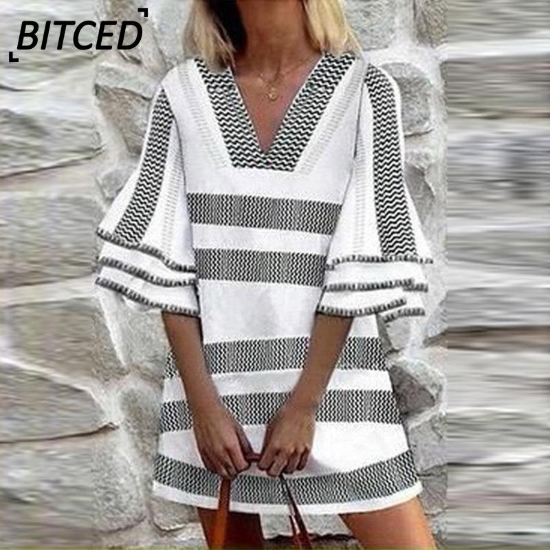 BITCED Модные летние весенние повседневные платья с рукавами 3/4 и V-образным вырезом