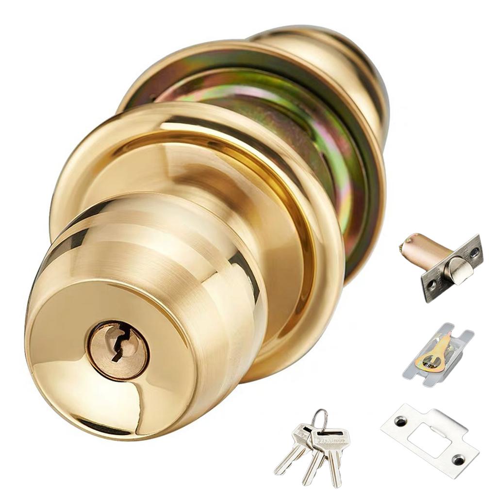 Polished Brass Keyed Entry Door Knob Front Entrance Door Lock 60mm for Front Entrance Adjustable Latch Reversible Use