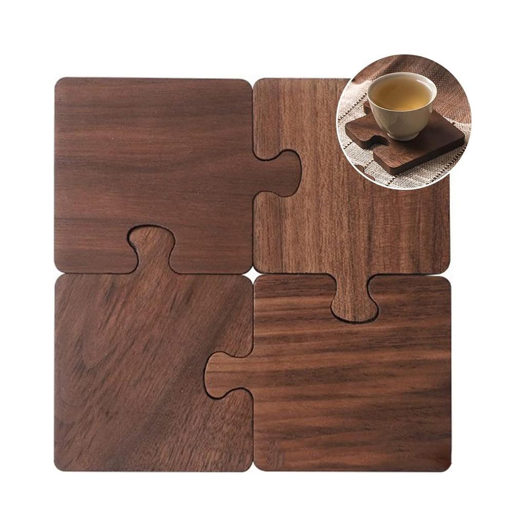 4pcs Vintage Wooden Puzzle Coaster High Temperature Resistance Table Mat for Home Office Marble Table