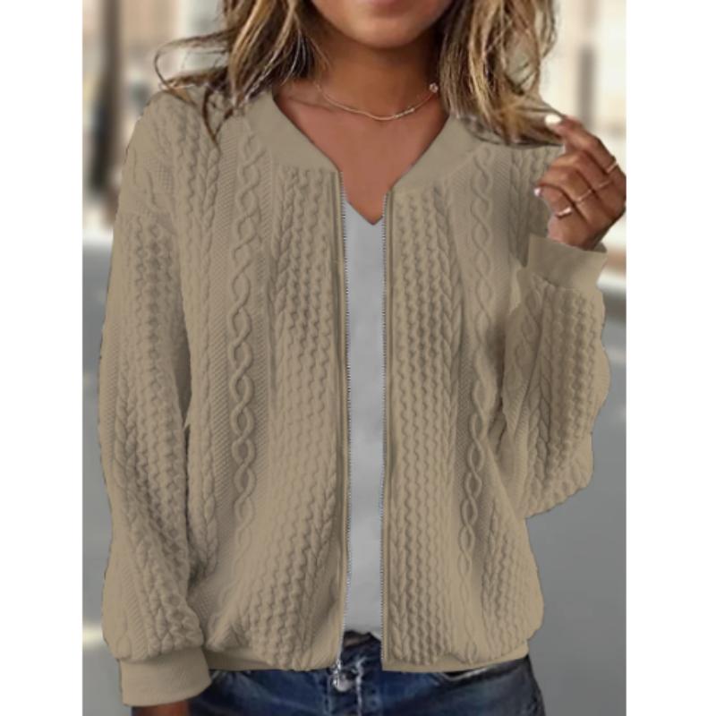 Текстурированный бомбер на молнии, повседневная однотонная верхняя одежда с длинными рукавами, женская одежда