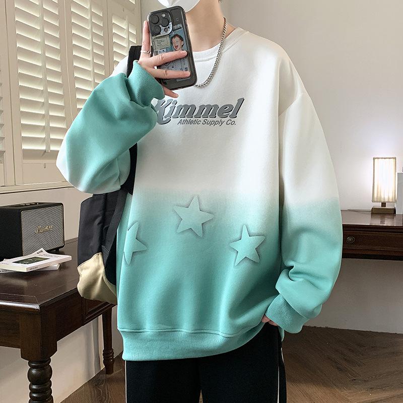 Осенние топы для мужчин, студентов средней школы, свободная футболка с круглым вырезом, градиентной расцветки, с длинным рукавом, куртка для больших детей, подростковая осенняя толстовка