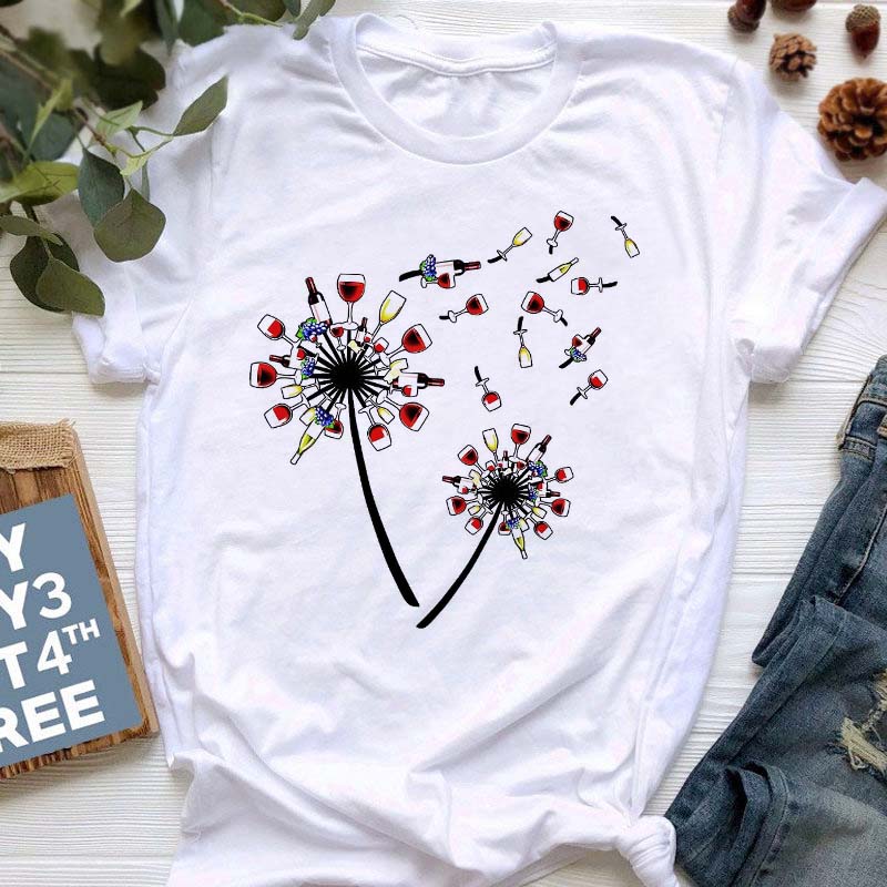 Летняя женская футболка с принтом одуванчика, свободные женские рубашки больших размеров, повседневная футболка с коротким рукавом, топ, черные модные футболки с круглым вырезом