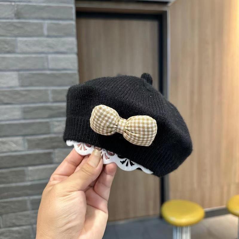 Fashion Cute Baby Hat Solid Color Bow Warm Beret Hat For Girls Vintage Princess Beret Hat Children Autumn Winter Cap Gifts