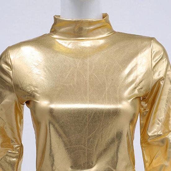 Женский клубный топ из глянцевой искусственной кожи с высоким воротником, однотонный, с открытой талией, с длинными рукавами, узкий пуловер, эластичный эластичный пуловер для ночного клуба, сценическое шоу, вечеринка