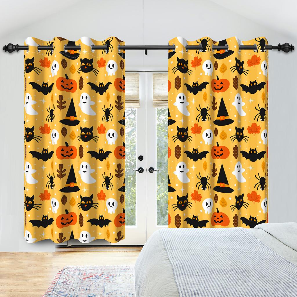 2 шт./набор Ужасы Хэллоуин Оконная занавеска Летучая мышь Паук Тыква Привидение Дом с привидениями Домашний декор Затемняющие шторы из полиэстеровой ткани