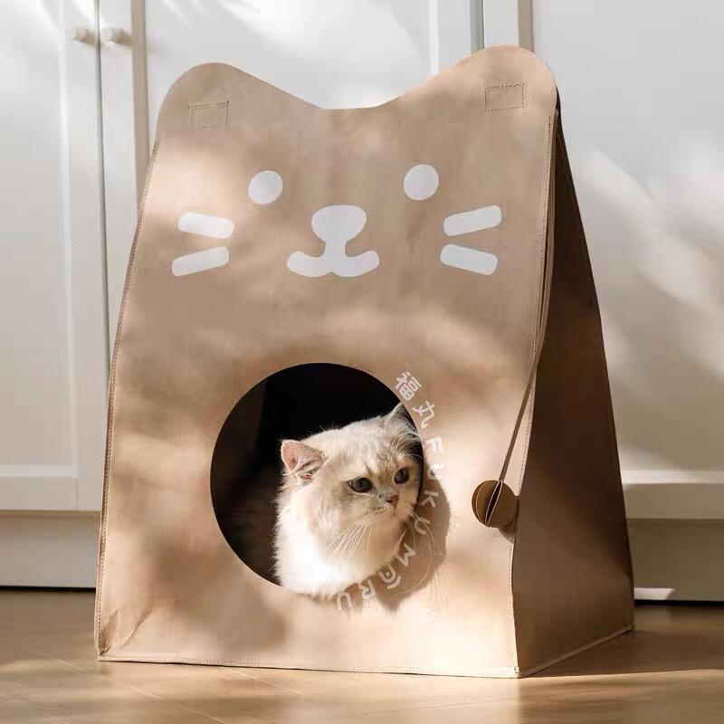 Kraft Paper Cat Bed Washable Removable Cat House Warm Sleeping Mat Scratcher Box Combo Pet Bed Brown Medium
