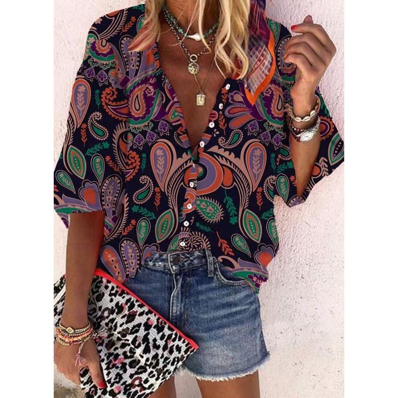 Летняя мода Стойка воротник Свободный крой На пуговицах Ретро принт Повседневные Рукава семь восьмых Женские блузки и рубашки