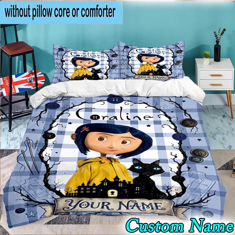 Custom Name 3PCS Mystery Coraline's World Bedding Set,Including Duvet Cover And 2pcs Pillowcases Perfect for Bedroom,Dormitory,Fan Christmas gift