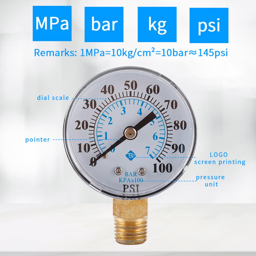 TS-Z54 0-100 PSI/0-7 Bar Dual Scale Pressure Gauge Pool Filter Aquarium Water Air Gas Pressure Gauge Meter 1/4 NPT Bottom Mount