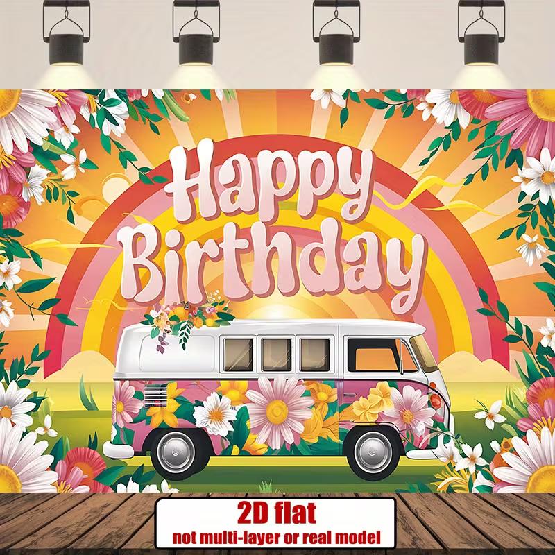 2D Boho Groovy Summer Floral Kids Birthday Photography Background Cloth