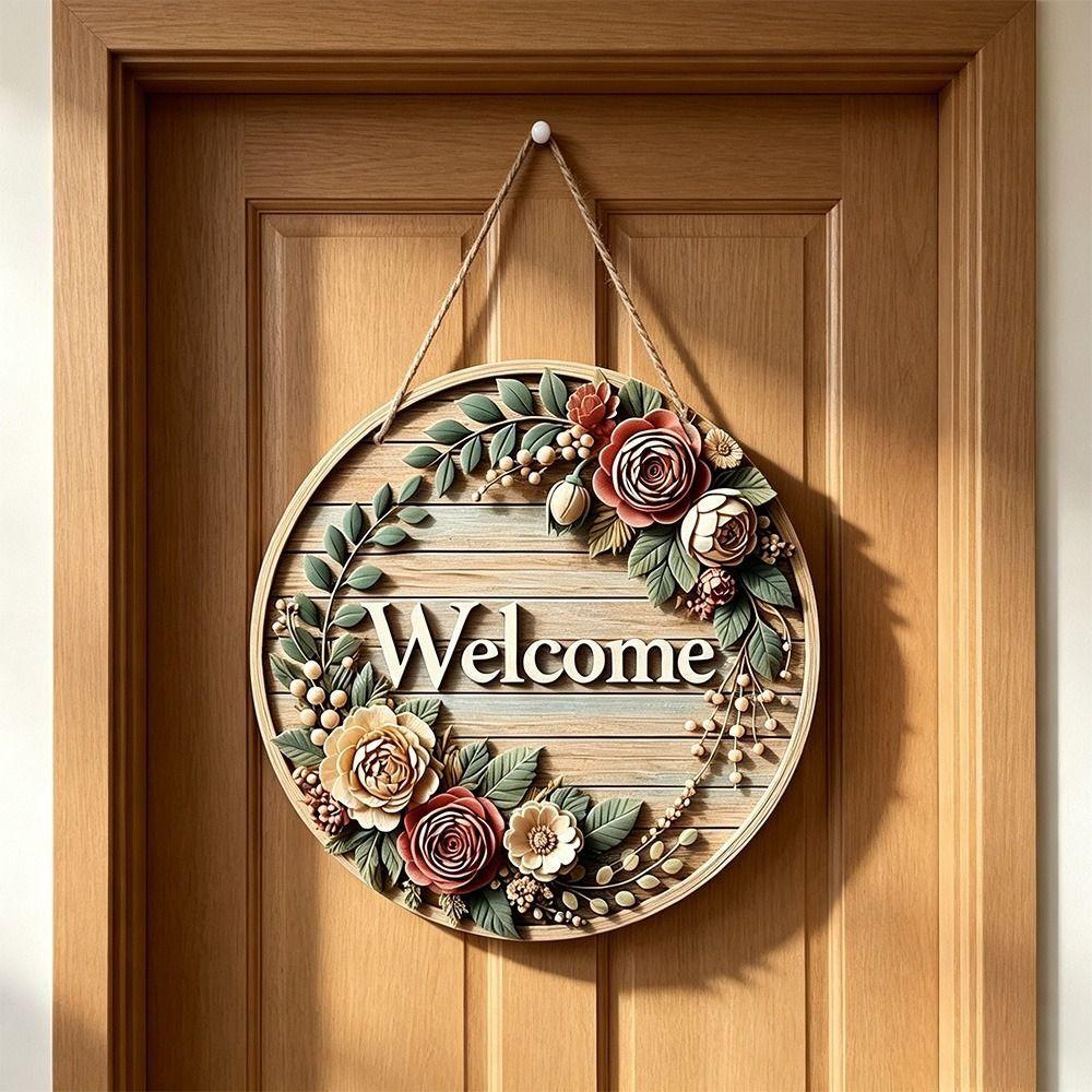Warm Home Round Doorplate Retro Style Hanging Wooden Board New Wall Sign Front Door Decor