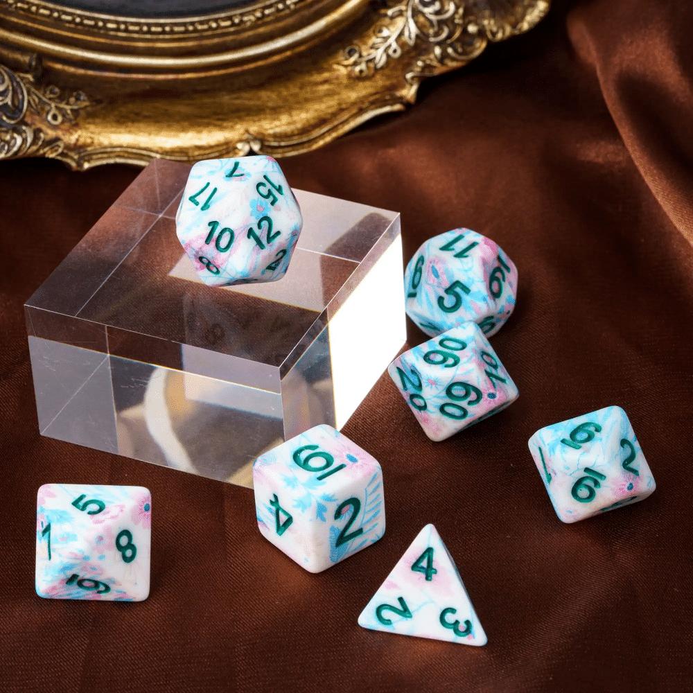 Cusdie Набор кубиков DND с цветочным принтом, разноцветные D4-D20, полиэдрические кубики из смолы для настольных ролевых игр Dungeons and Dragons