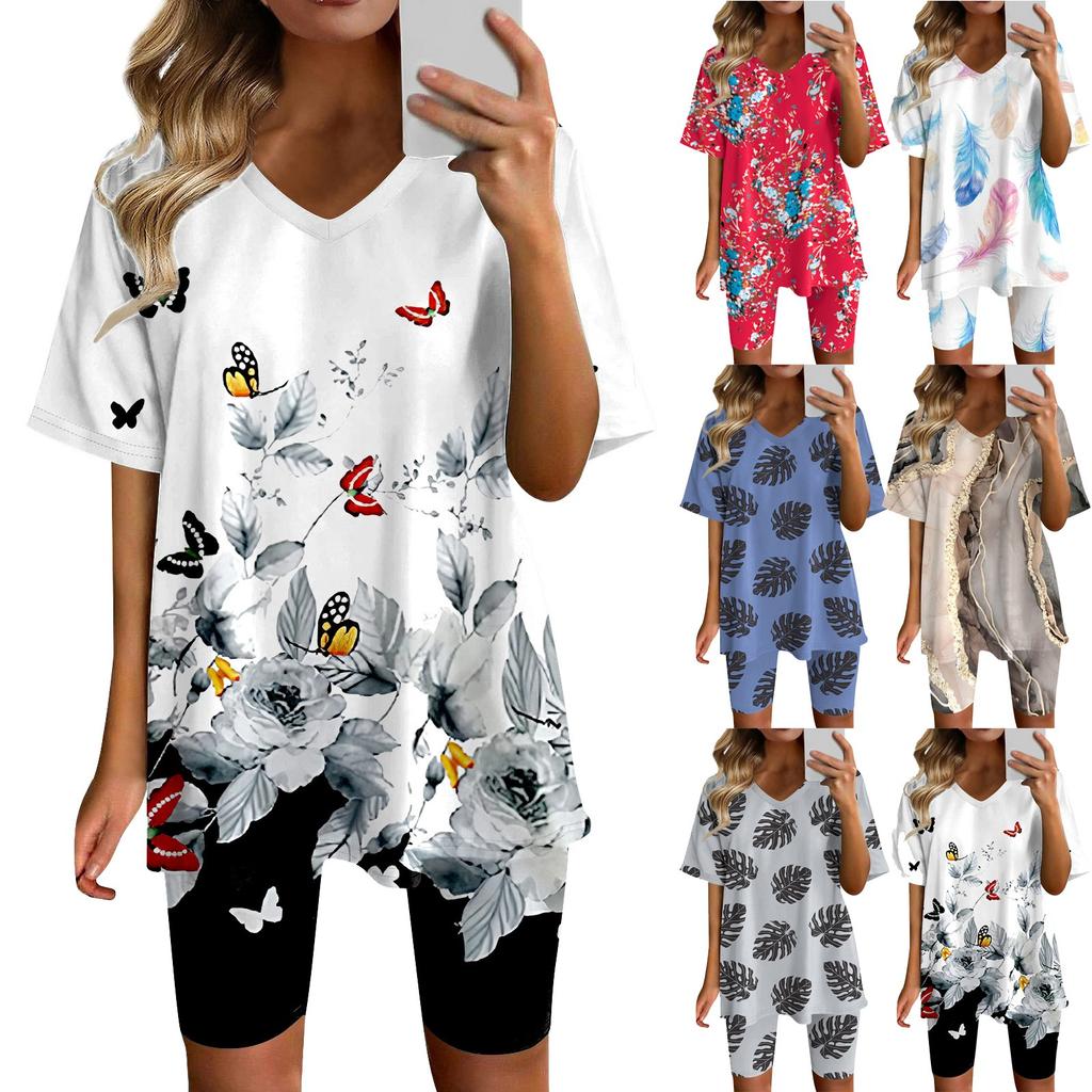 Womens Loungewear Two Piece Outfits For Women Summer V Neck T-Shirt Tops Shorts Workout Sports Tracksuit
