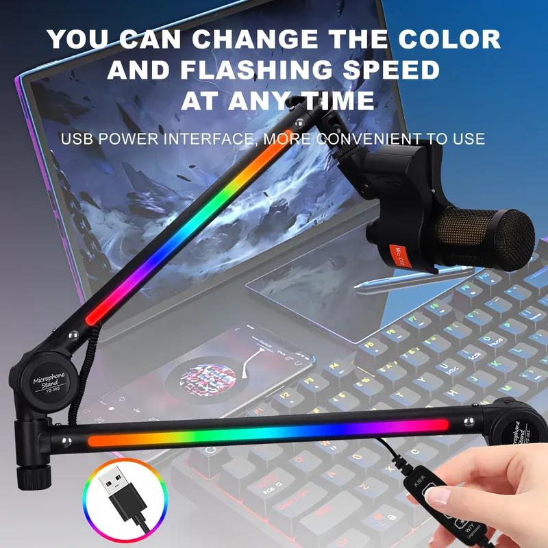 Desktop Arm Holder for Microphone Stand Computer Mic Stand with RGB Lighting Cantilever Bracket for Live Singing Condenser Mic