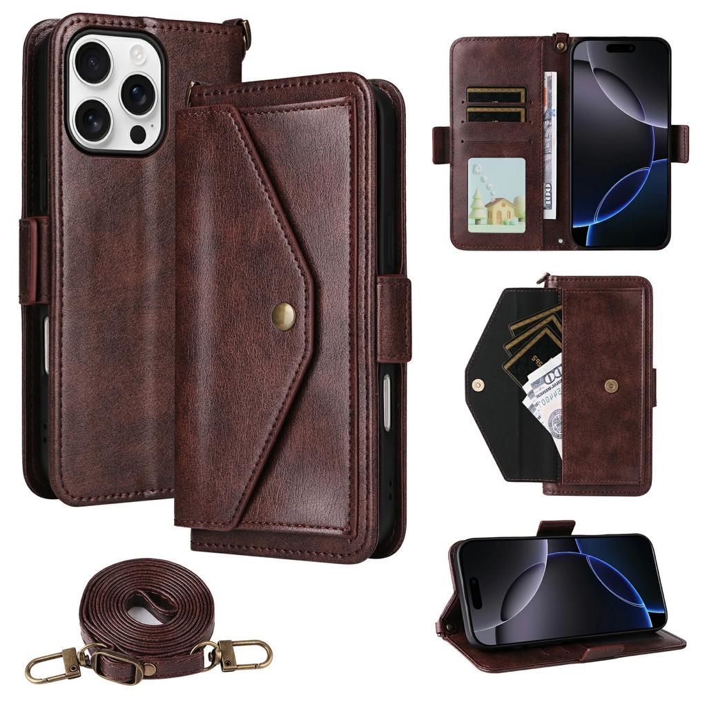For iPhone 16 Pro Leather Case Magnetic Closure Wallet Stand Phone Cover with Crossbody Strap