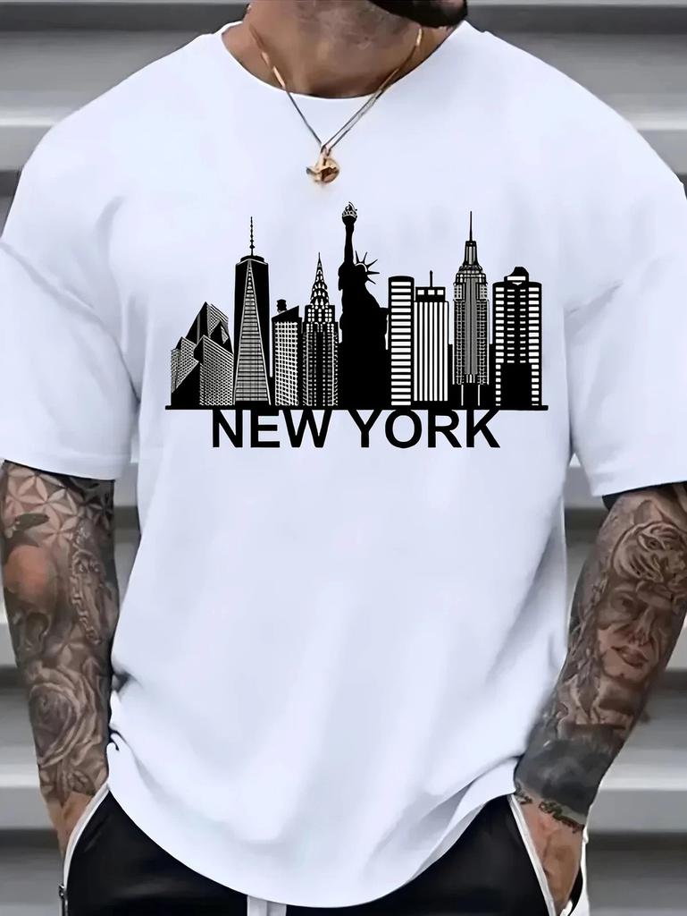 New York Cityscape Printed Men'S Cotton T-Shirt Casual Crew Neck Short Sleeve Unisex T-Shirt