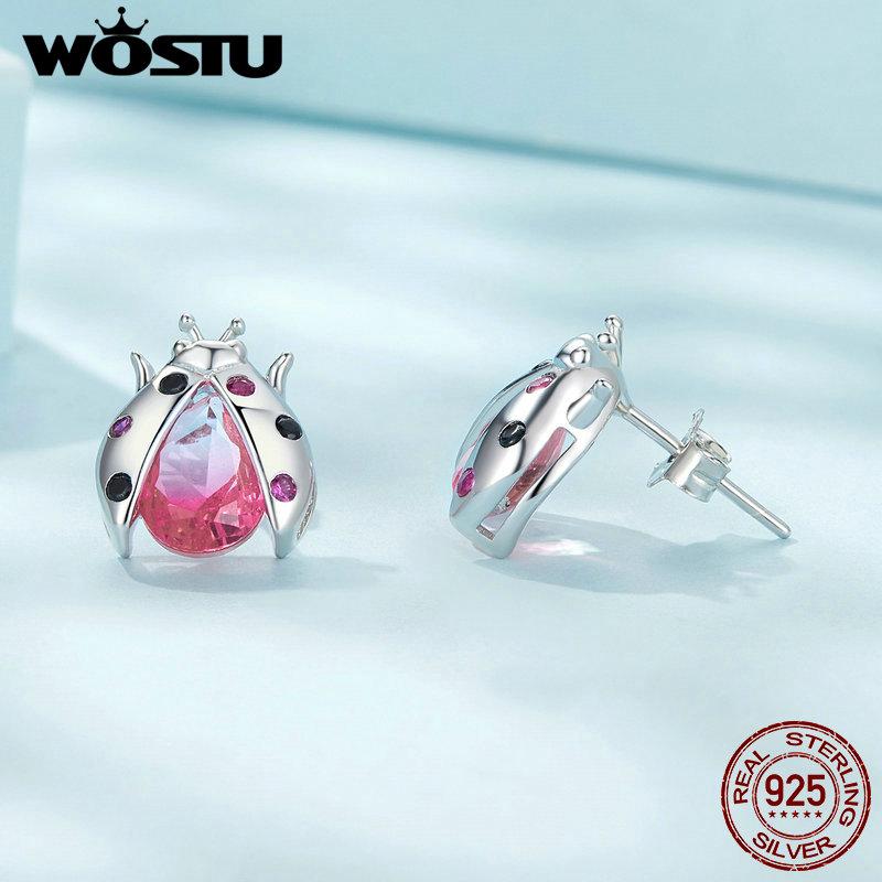 WOSTU Женские серьги-гвоздики из стерлингового серебра 925 пробы с розовой божьей коровкой, многоцветные серьги с турмалином с цирконием, открытые серьги-гвоздики, зажимы для вечеринок, ювелирные изделия, подарок