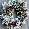 Christmas Flocked Sheep Ear Leaf Wreath With Artificial Red Berries Pinecones Snow Spray 40cm Front Door Decor