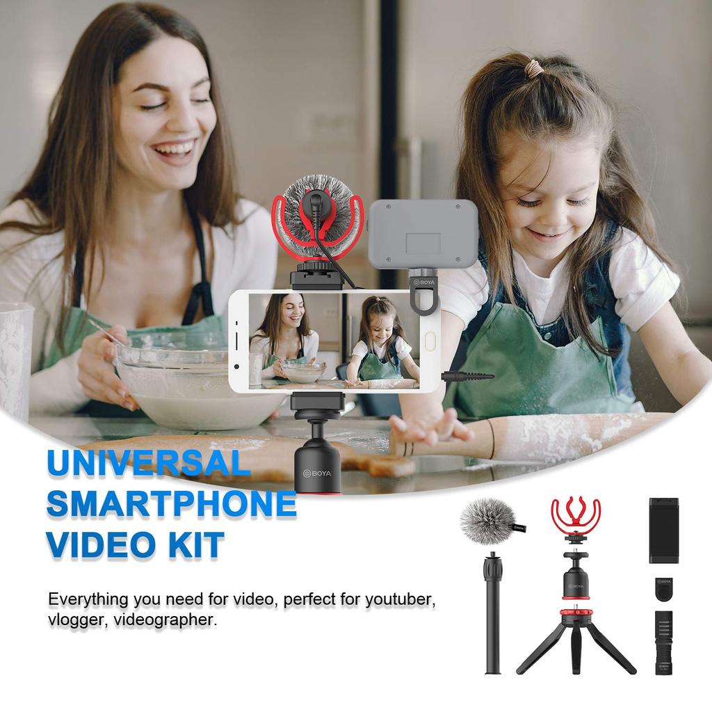BOYA Smartphone Video Rig Мини-штатив для смартфона с видеомикрофоном, совместимый с iPhone 13, 12, 11, 11 Pro, XS, XR, X, 8, 7, Android, совместимый с