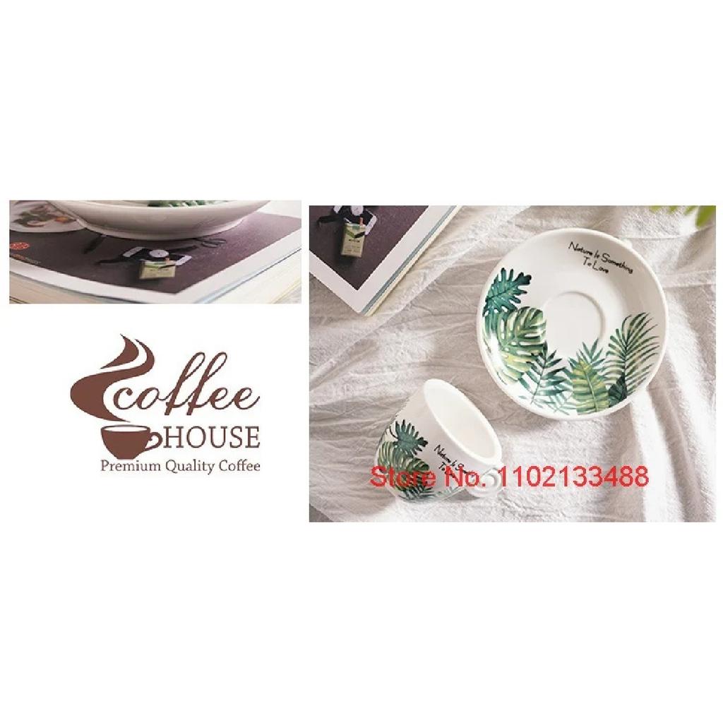 90ml Ceramics Coffee Cup And Saucer Set Nordic Fresh Cafe Drinkware Plant Monstera Office Mug Milk ESPRESSO SHOT Teacup For Girl