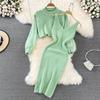 Women Autumn Winter O Neck Beaded High Waist Short Open Bellybutton Sweater Two Piece Knitted Tank Top Dress