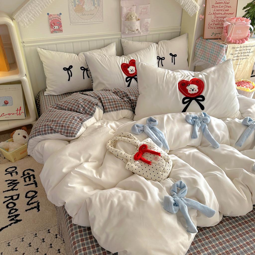 INS Princess Style Bow Bedding Sets For Single Bed  Quilt Cover Bedclothes Decor Woman Girls Bedroom Duvet Cover 4pcs