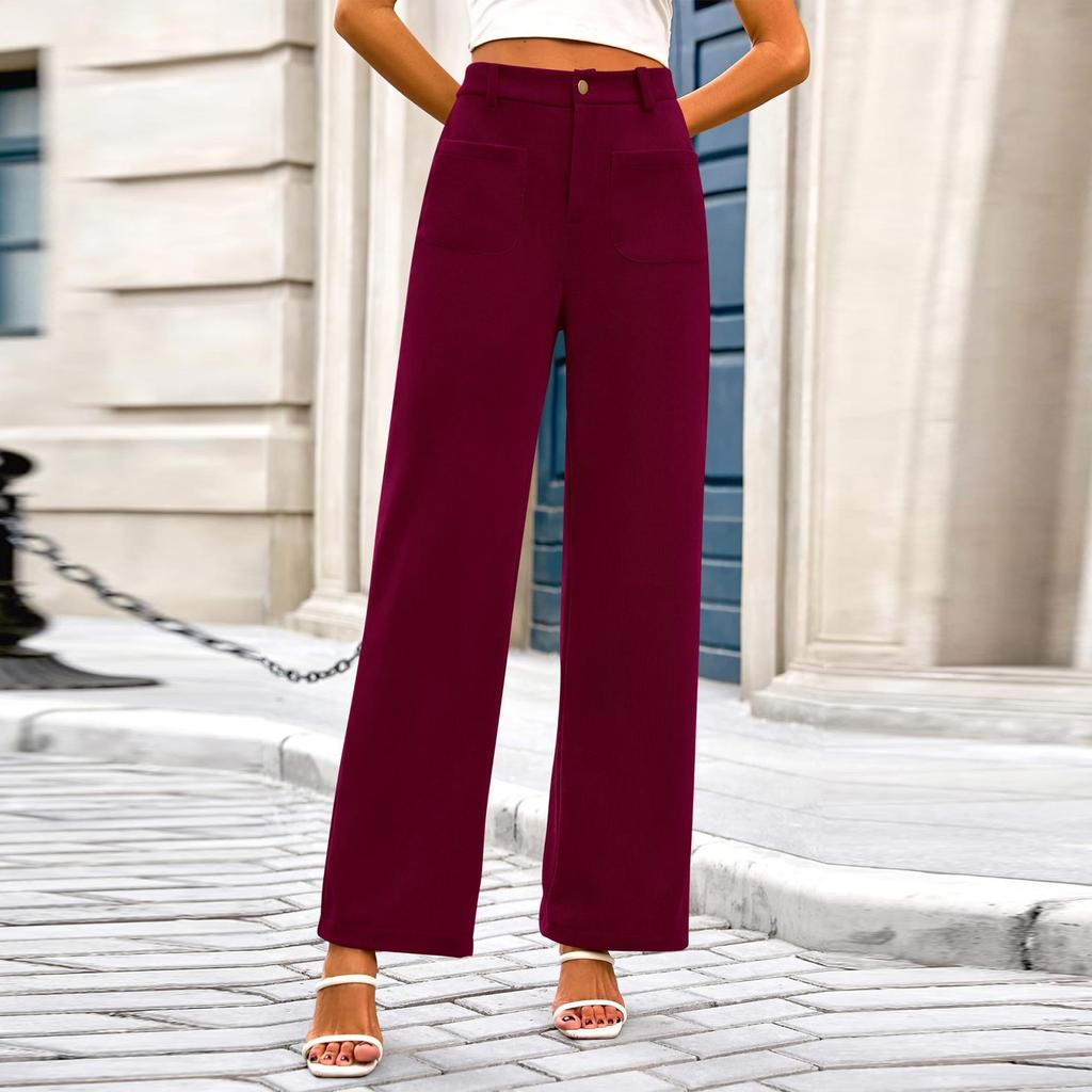 Women's Casual Wide-leg Stretch High-waisted Button-down Wide-leg Pants Working Straight-leg Pants With Pocket Pants