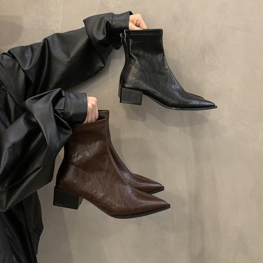 Корейские ботильоны с острым носком на высоком каблуке, короткие ботинки, женская обувь, новинка 2024 года, одинарные ботинки, французские коричневые тонкие ботинки Martin