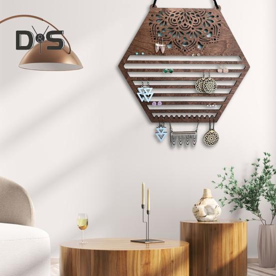 Wooden Hanging Earring Holder Wall Decor Jewelry Organizer Vintage Earring Display Organizer for Women And Girls Earrings Necklaces