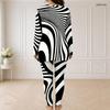 Women Plus Size Black White Striped Printed Half Zip Long Sleeve Longline Top And Fitted Pants Two Piece Set