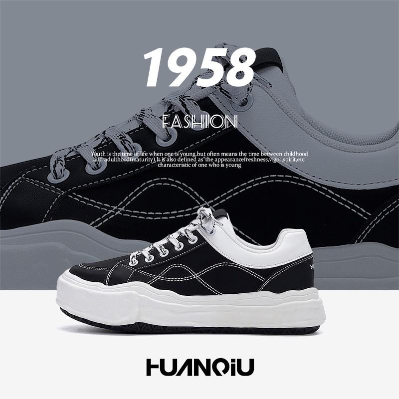 Kids Shoes MensZHQ-ZL9126 Casual Low-Top Platform Sneakers Youth Breathable PU Upper Rubber Sole Round Toe Lace-Up Black White