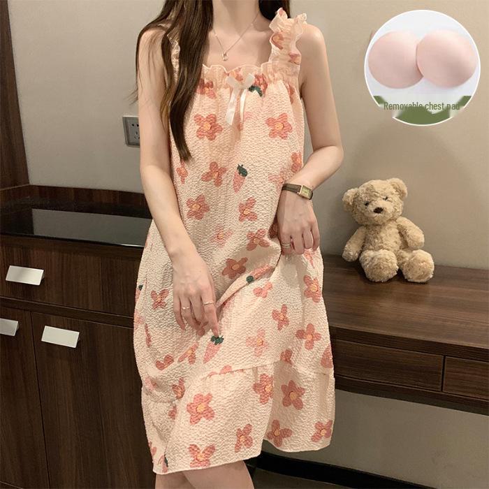 Женская летняя ночная рубашка из хлопка с пузырьками и подтяжками на груди — легкая, стильная домашняя одежда для дома и улицы