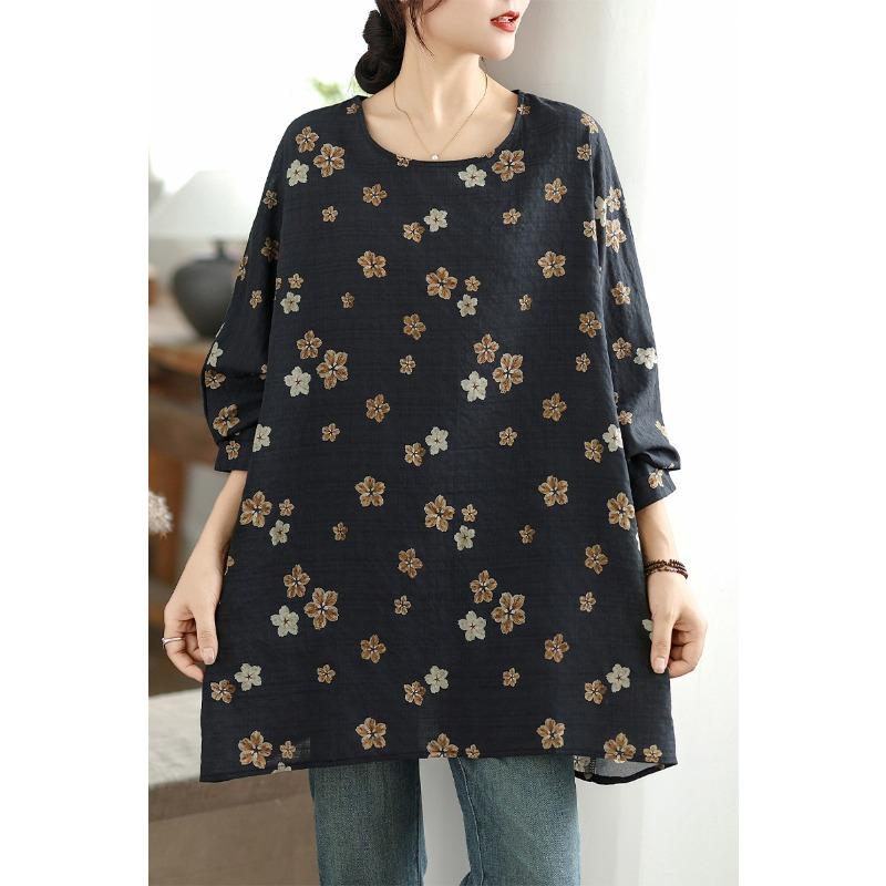 DIMANAF 2025 Большой размер Осень Новая футболка Женщины Свободный Повседневный Круглый вырез Топы Футболки Рубашки Оверсайз Винтажный принт