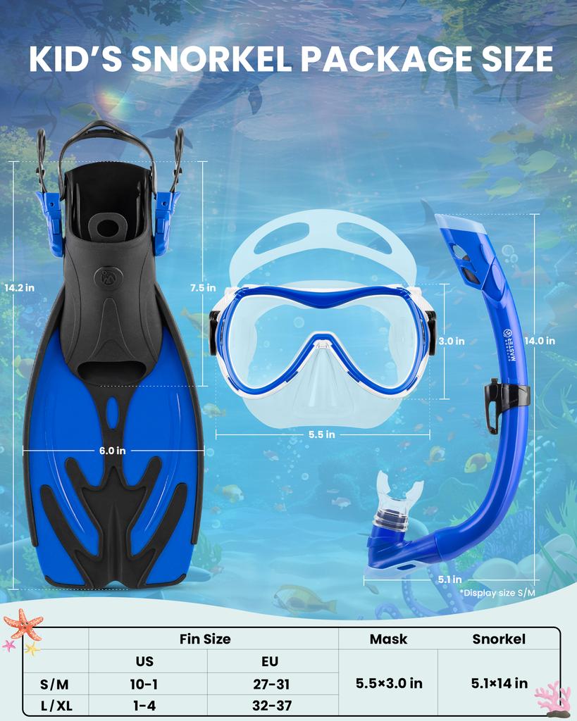 OutdoorMaster Kids Dry Top Snorkel Set Food Grade Silicone Leakproof Mask Adjustable Fins with Mesh Bag 6-16