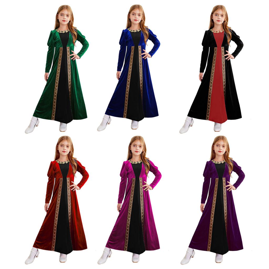 Girls Renaissance Dress Princess Medieval Long Sleeve Maxi Dress Gothic Cosplay Costume Halloween Role Playing Party Fancy Dress Gown