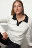 Women's Elegance Style Sweater Blue Polo Neck Color Blocked Knitwear Sweater