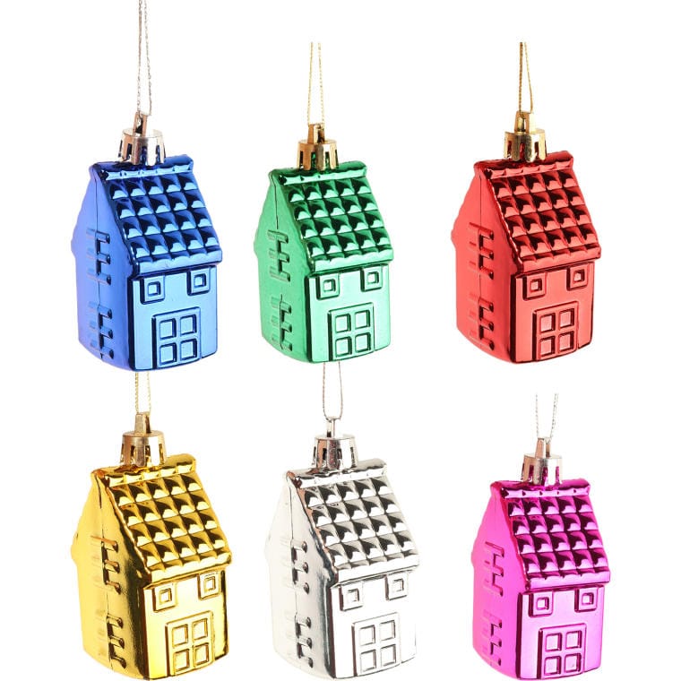 Set of 6 plastic house-shaped baubles