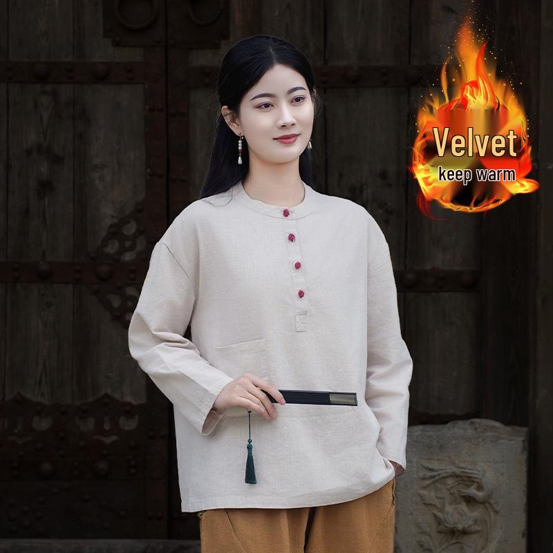 Women's Retro Chinese Style Patchwork Top: Cotton Linen with Fleece, Stand Collar, and Frog Button