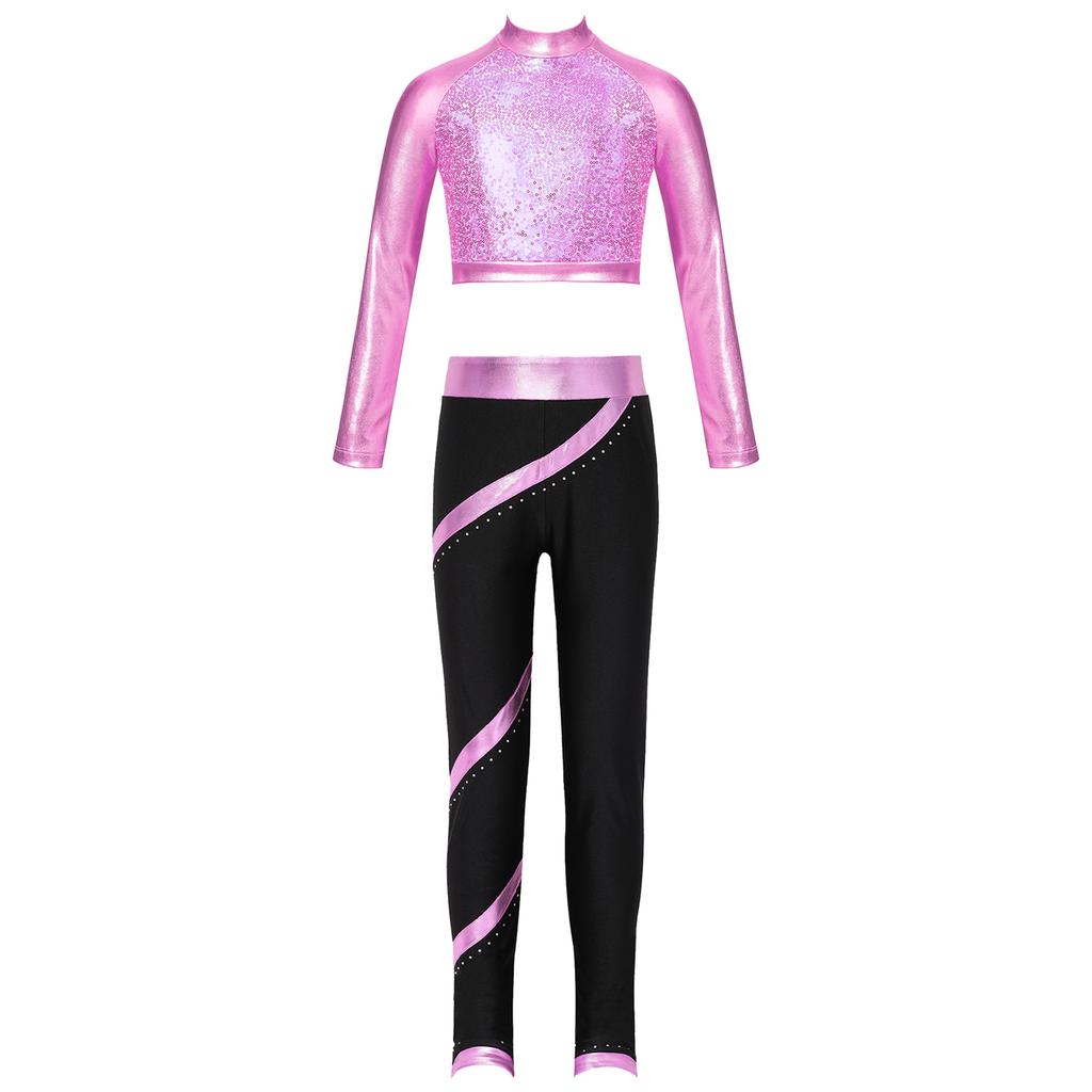 Girls Figure Skating Outfit Mock Neck Long Sleeve Sequin Shiny Crop Top Metallic Striped Pants Dance Costume