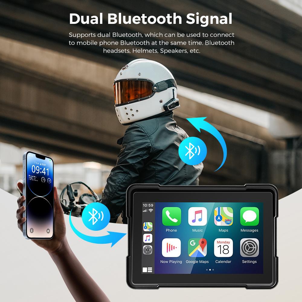 Портативная мотоциклетная стереосистема GEARELEC Wireless CarPlay Android Auto Screen 5 дюймов Dual Bluetooth IP67 Водонепроницаемый