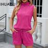 Spring and Summer Solid Color High-neck Sleeveless Vest Shorts Casual Suit Women