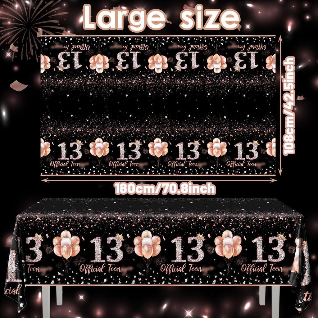 GREHUMOR 3Pcs 13th Birthday Tablecloth Party Decorations for Girls Rose Gold 13 Year Old Birthday Party Supplies Table Cover Thirteen Birthday