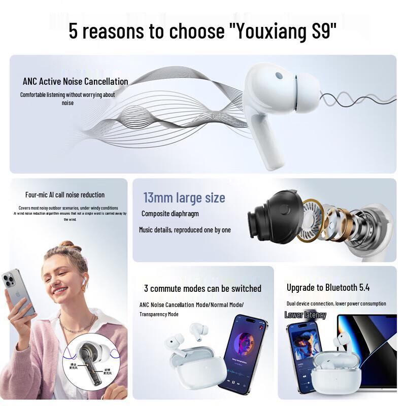 OKSJ S9 ANC Noise-Cancelling Bluetooth Earphones